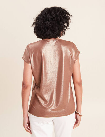 T-shirt col V manches courtes marron femme