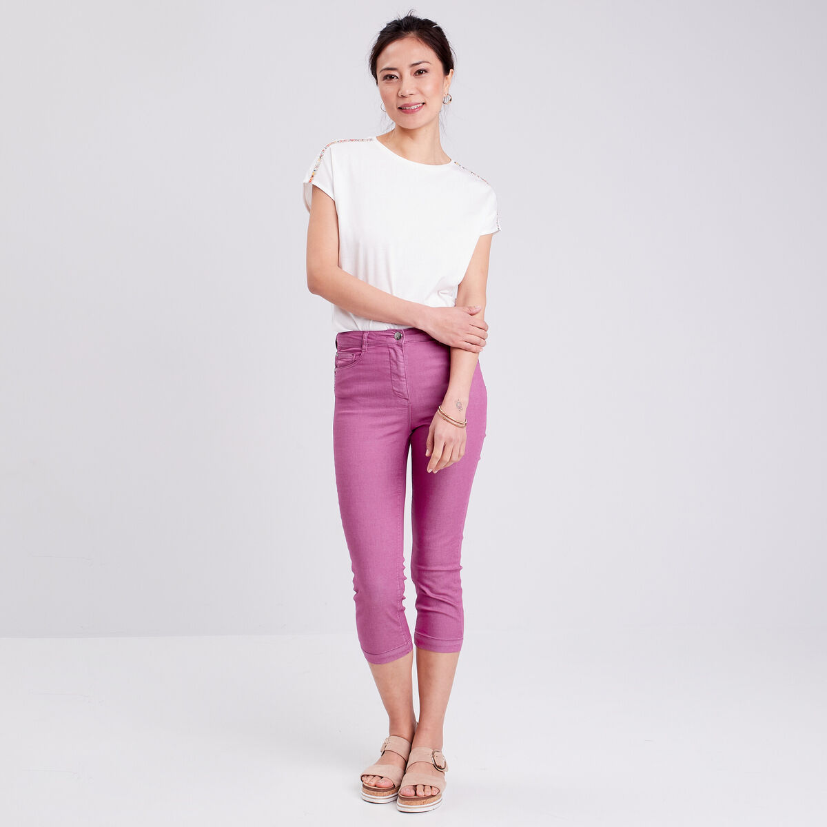 Pantacourt droit taille haute violet femme