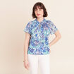 T-shirt col tunisien manches courtes bleu femme