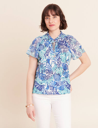 T-shirt col tunisien manches courtes bleu femme