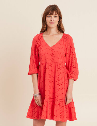 Robe courte manches 3/4 fluide rouge corail femme