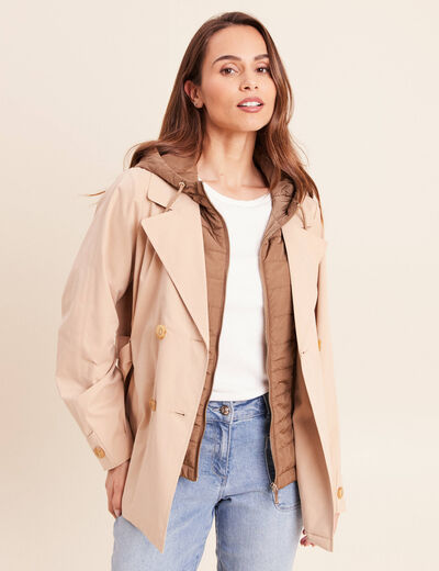 Trench cintr&eacute; court &agrave; capuche doubl&eacute; beige femme