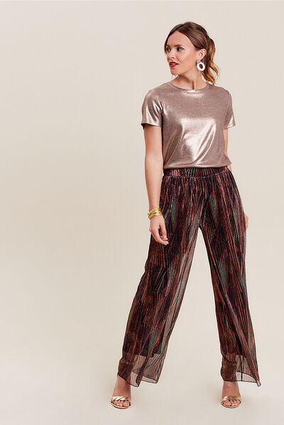 Pantalon large fils métallisés couleur cuivre femme
