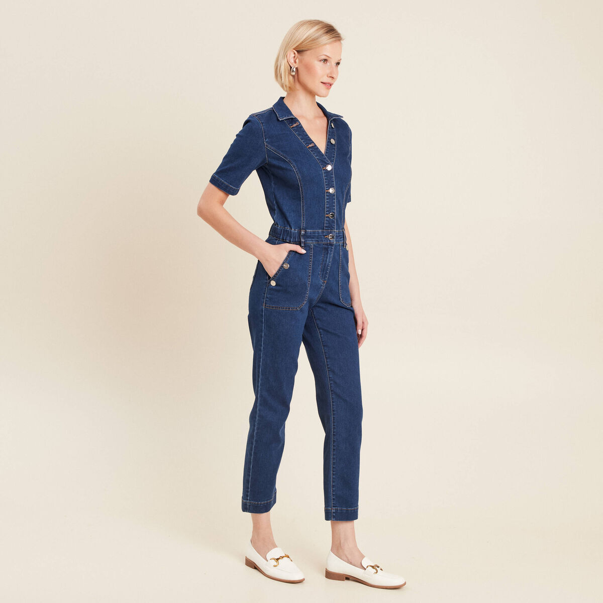 Combinaison pantalon en jean denim stone femme