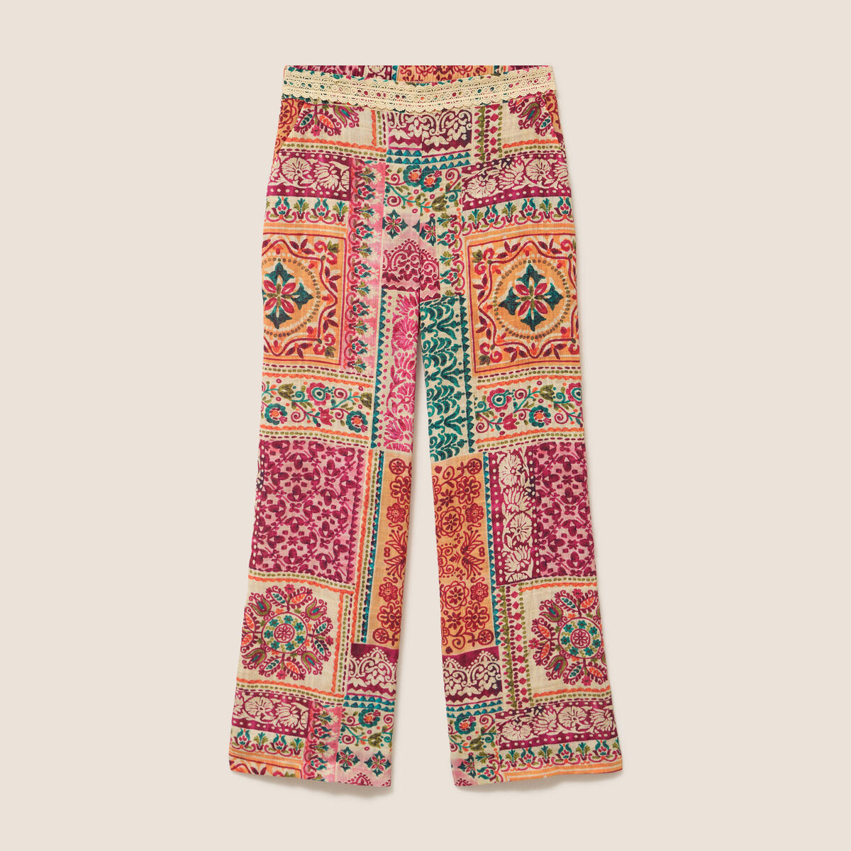 Pantalon large taille haute rose femme