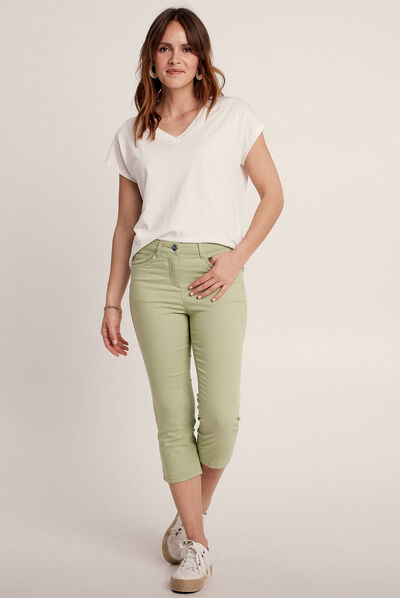 Pantacourt droit taille standard vert olive femme