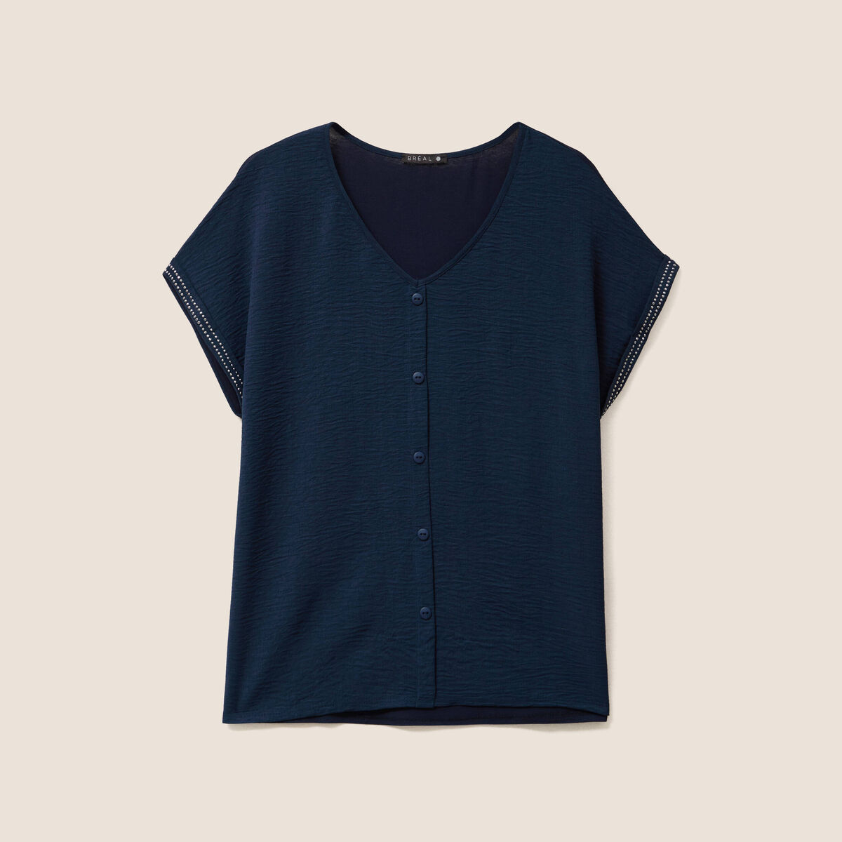 Blouse col v manches courtes bleu foncé femme