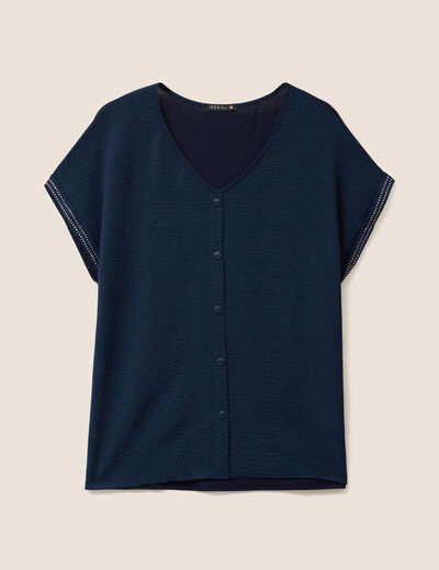 Blouse col v manches courtes bleu foncé femme