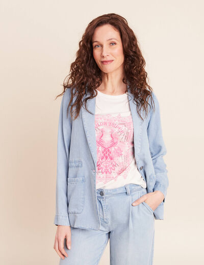 Veste longue cintr&eacute;e en jean doubl&eacute;e denim bleach femme