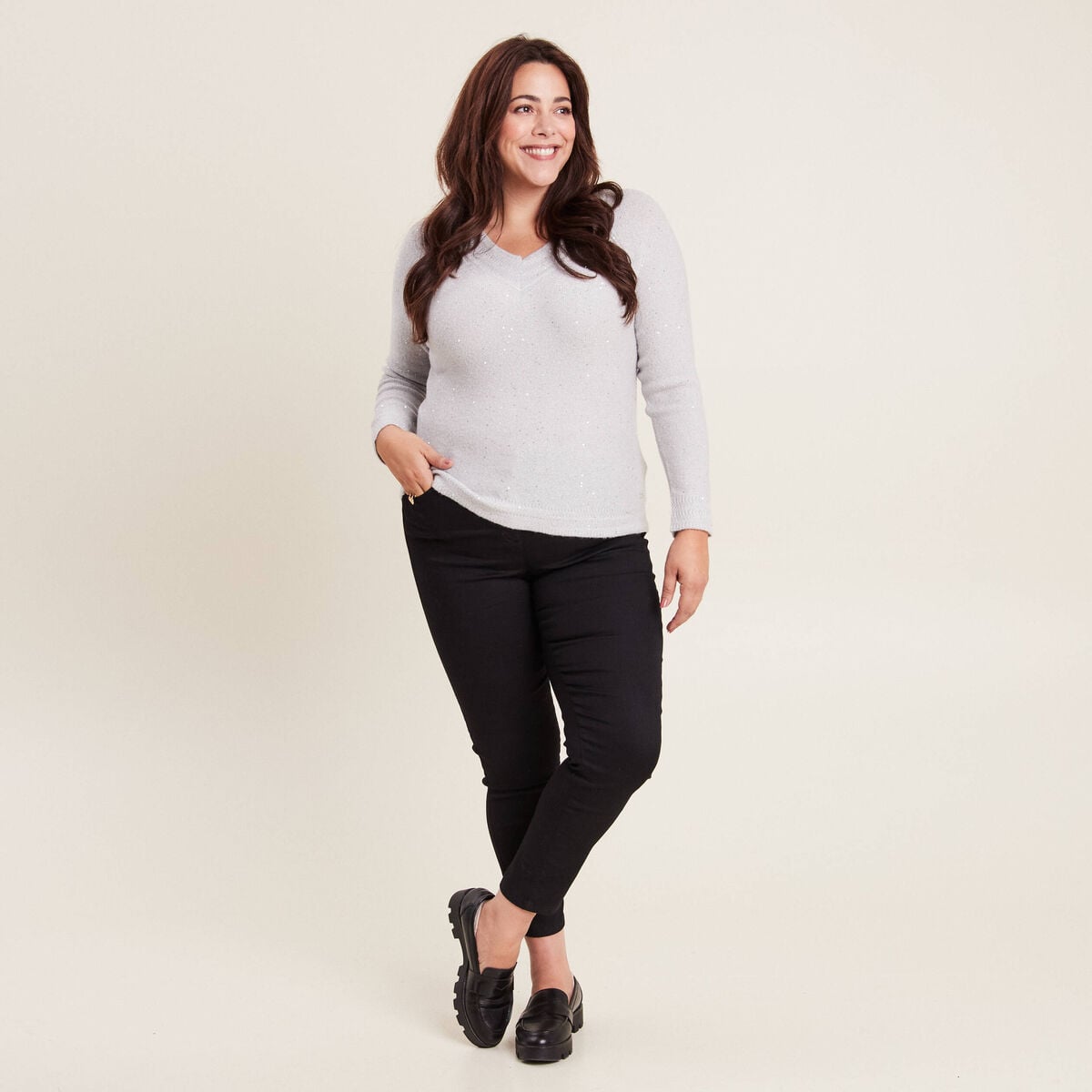 Pull manches longues gris clair femme
