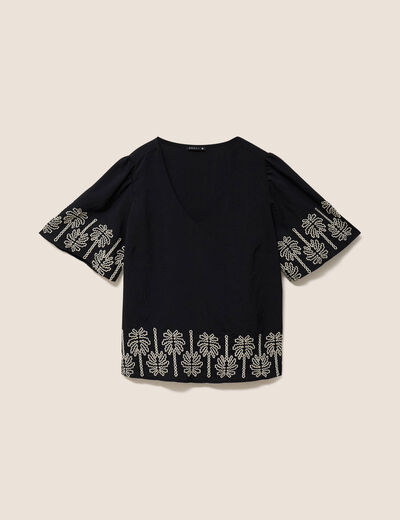 Blouse droite courte manches coudes noir femme