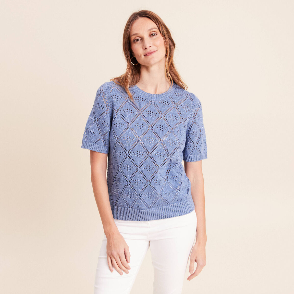 Pull droit court manches courtes bleu ciel femme