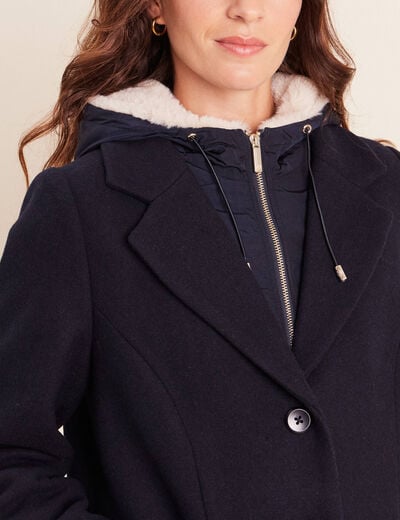 Manteau ajust&eacute; capuche amovible bleu fonc&eacute; femme