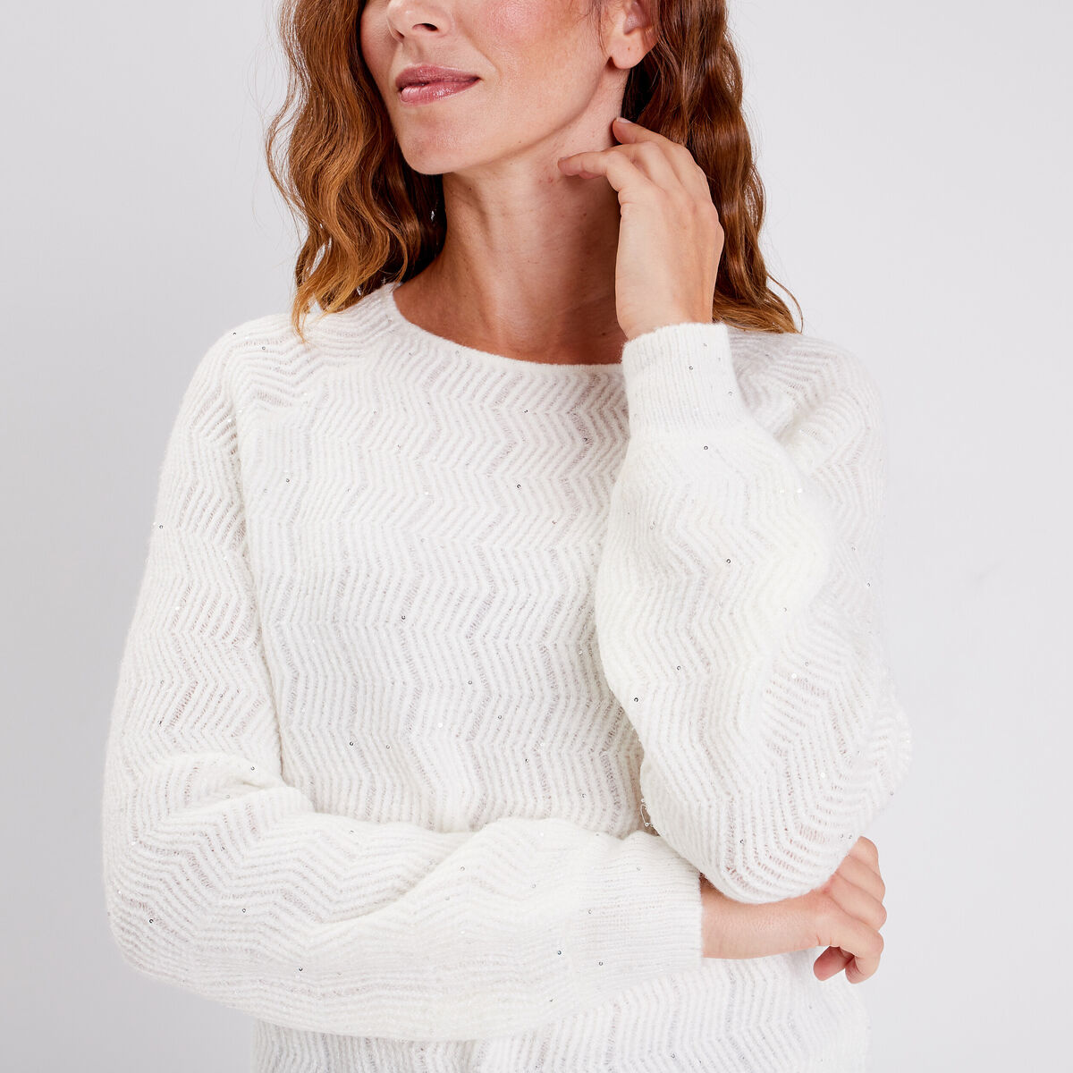 Pull manches longues à sequins ecru femme