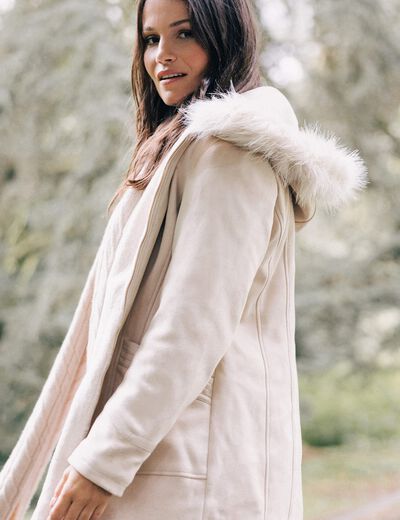 Manteau suédine à capuche creme femme