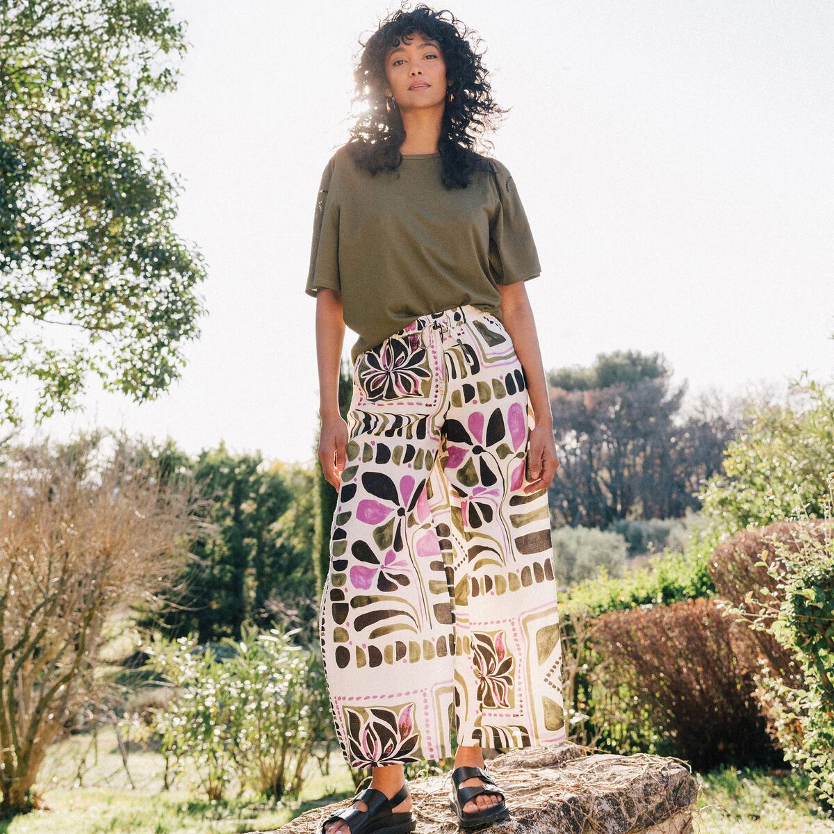 Pantalon large taille haute vert femme