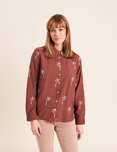 Chemise fluide brod&eacute;e manches longues marron femme