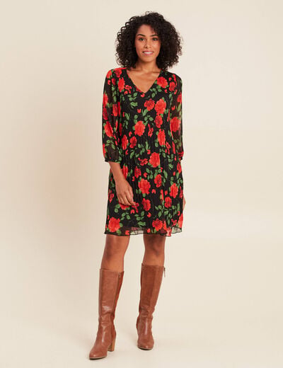 Robe courte &eacute;vas&eacute;e pliss&eacute;e manches 3/4 rouge femme