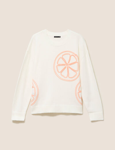 Pull droit col rond manches longues ecru femme