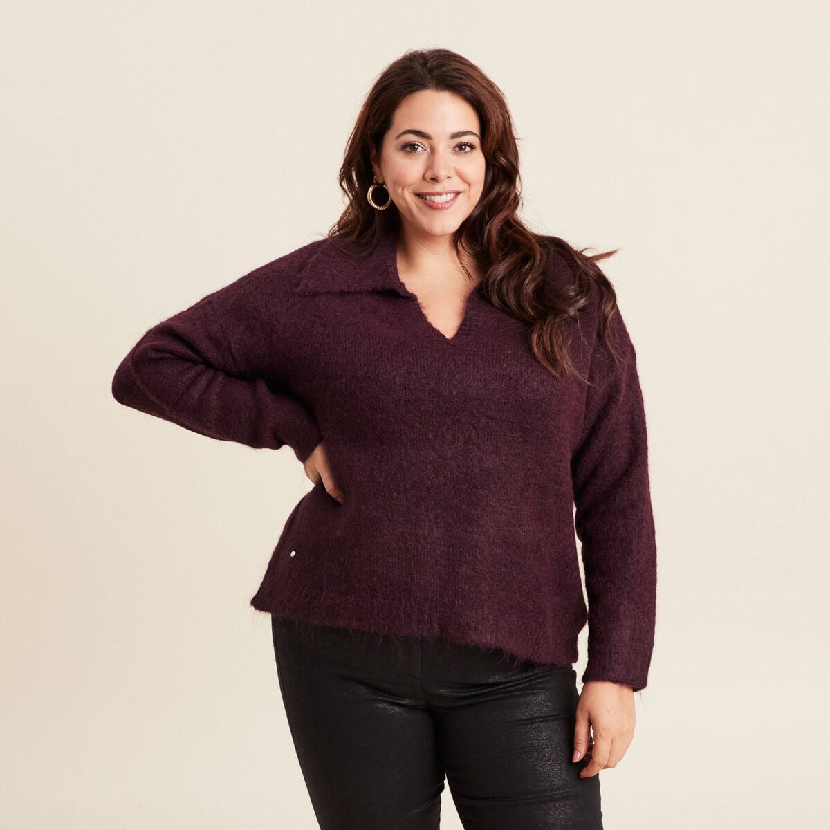 Pull manches longues col polo bordeaux femme