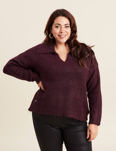 Pull manches longues col polo bordeaux femme
