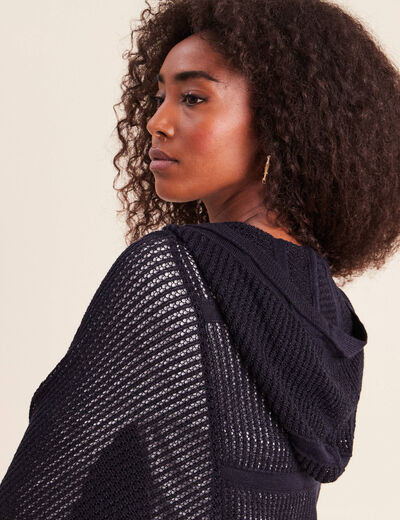 Gilet ajour&eacute; &agrave; capuche manches longues bleu marine femme