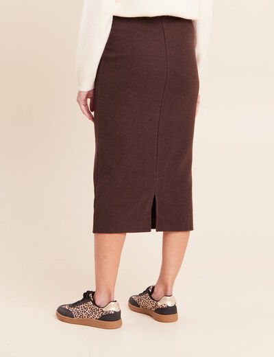Jupe longue droite en maille marron fonc&eacute; femme