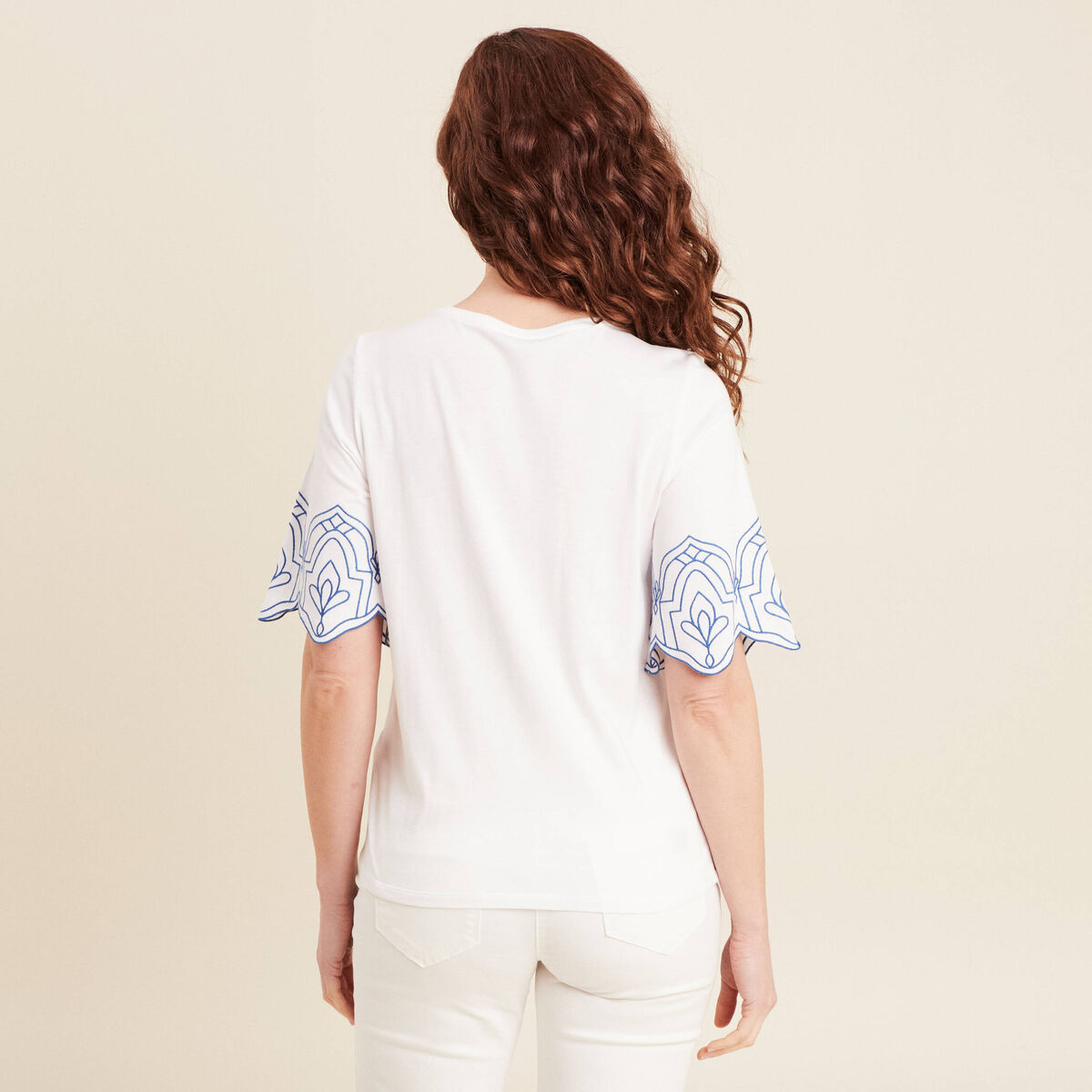 T-shirt manches courtes brodé blanc femme