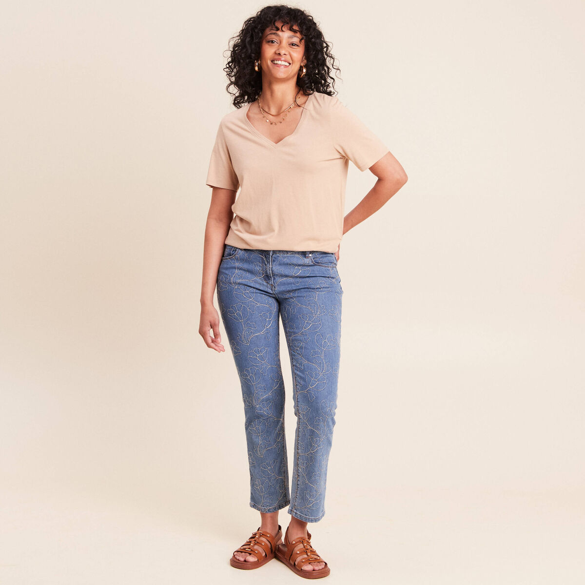 Jean coupe droite 7/8&egrave;me taille bascul&eacute;e denim double stone femme