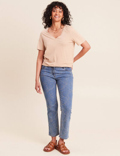 Jean coupe droite 7/8&egrave;me taille bascul&eacute;e denim double stone femme