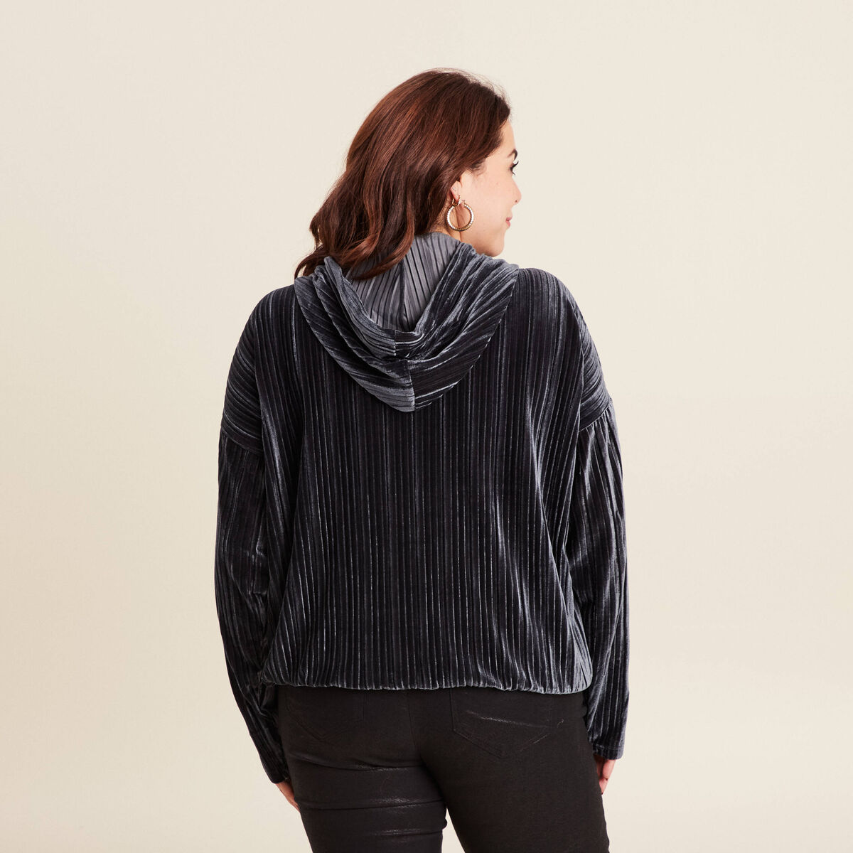 Sweat manches longues pliss&eacute; gris argent femme