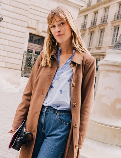 Trench cintr&eacute; long aspect daim marron femme