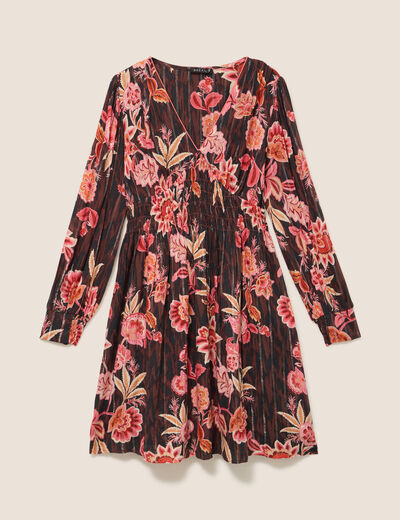 Robe courte &eacute;vas&eacute;e col v manches longues marron femme