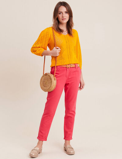 Pantalon carotte ceinturé rose cerise femme