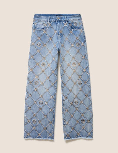 Jean taille haute avec broderie blanc femme