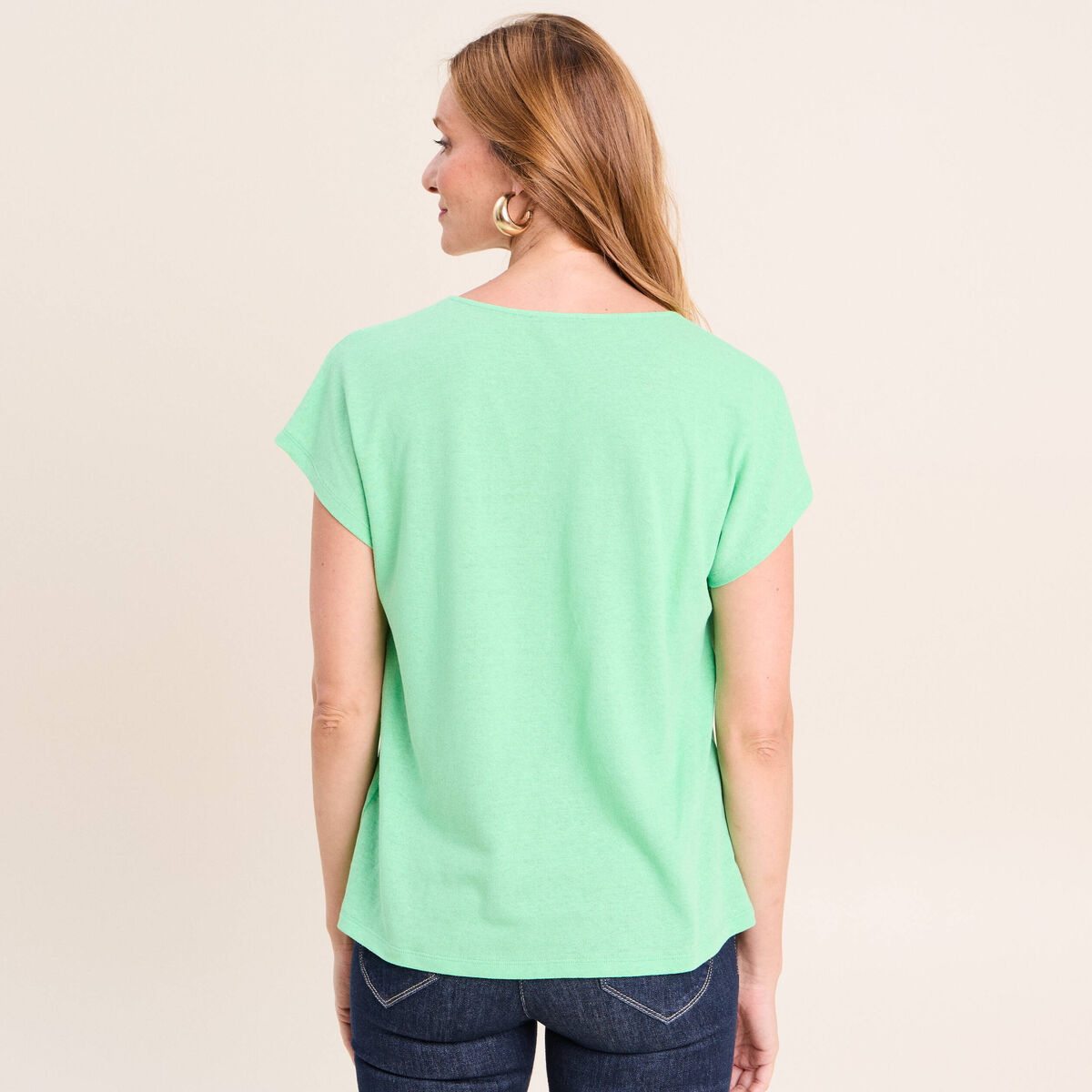 T-shirt col v manches courtes aspect lin vert fluo femme