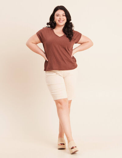 T-shirt col v manches courtes aspect lin marron fonc&eacute; femme