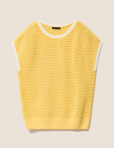 Pull ajour&eacute; sans manches col rond jaune pastel femme