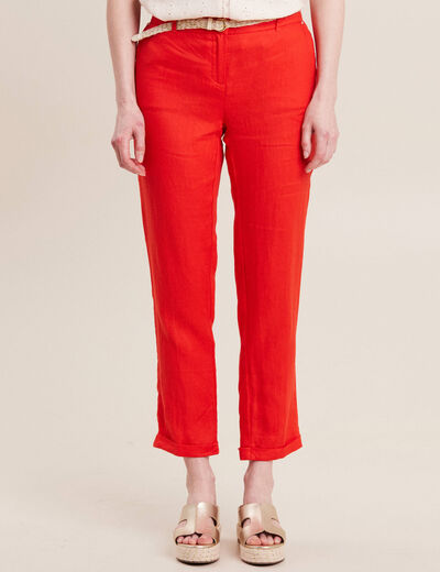 Pantalon coupe chino en lin ceintur&eacute; orange femme