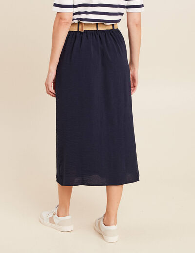 Jupe longue &eacute;vas&eacute;e ceintur&eacute;e bleu fonc&eacute; femme