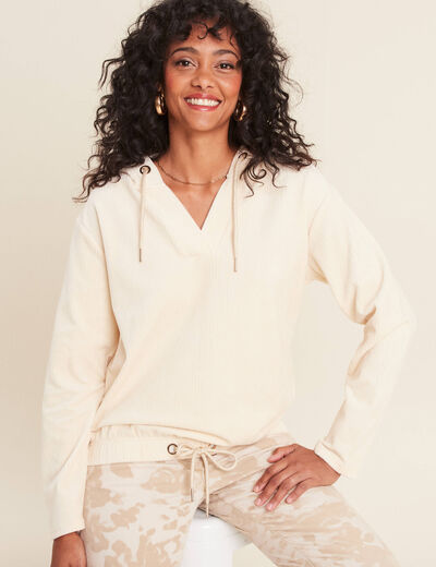 Sweat velours à capuche ivoire femme