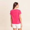 T-shirt col rond macram&eacute; manches courtes rose fushia femme