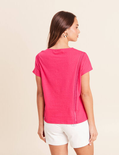 T-shirt col rond macram&eacute; manches courtes rose fushia femme