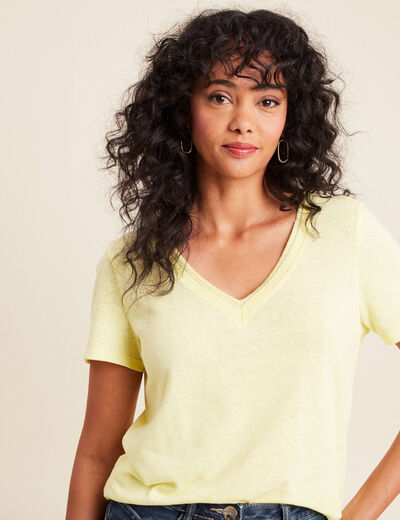 T-shirt manches courtes col en V jaune clair femme