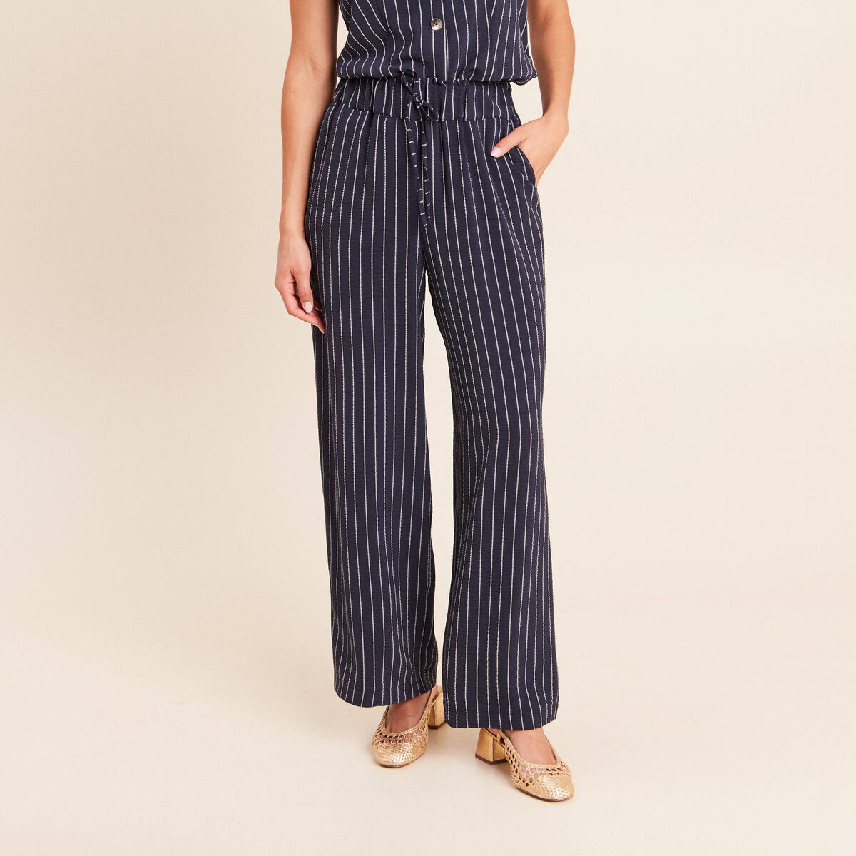 Pantalon large taille haute bleu fonc&eacute; femme
