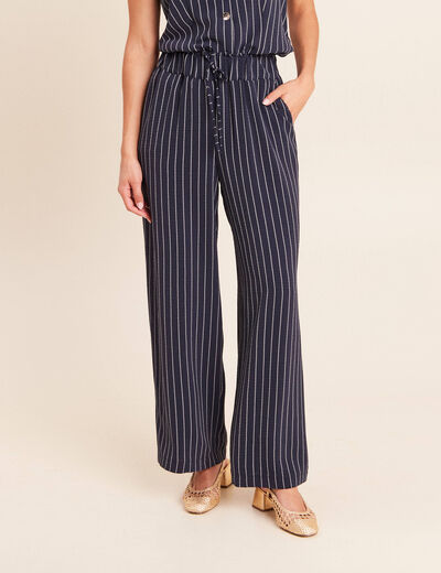 Pantalon large taille haute bleu fonc&eacute; femme