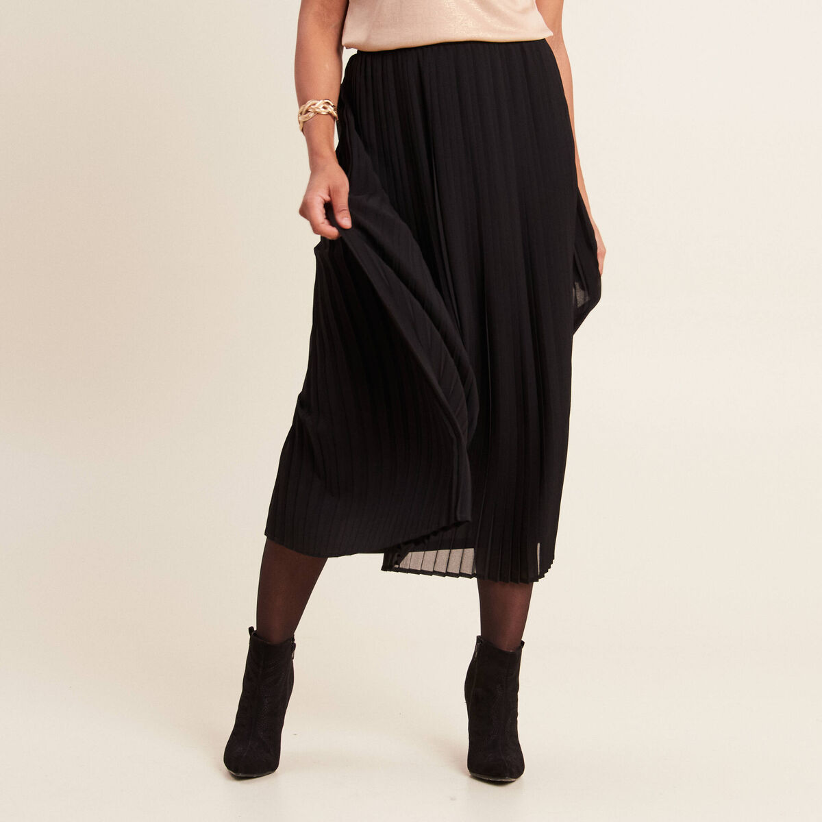 Jupe longue &eacute;vas&eacute;e pliss&eacute;e noir femme