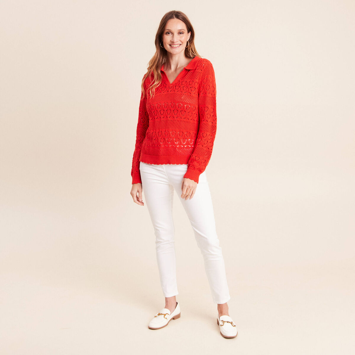 Polo d&eacute;tails ajour&eacute;s orange fonc&eacute; femme