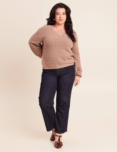 Pull droit long col v manches longues sable femme