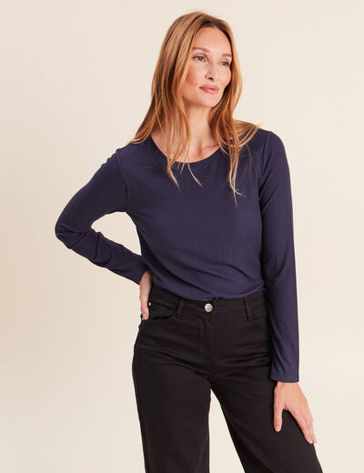 T-shirt ajust&eacute; col rond manches longues bleu marine femme